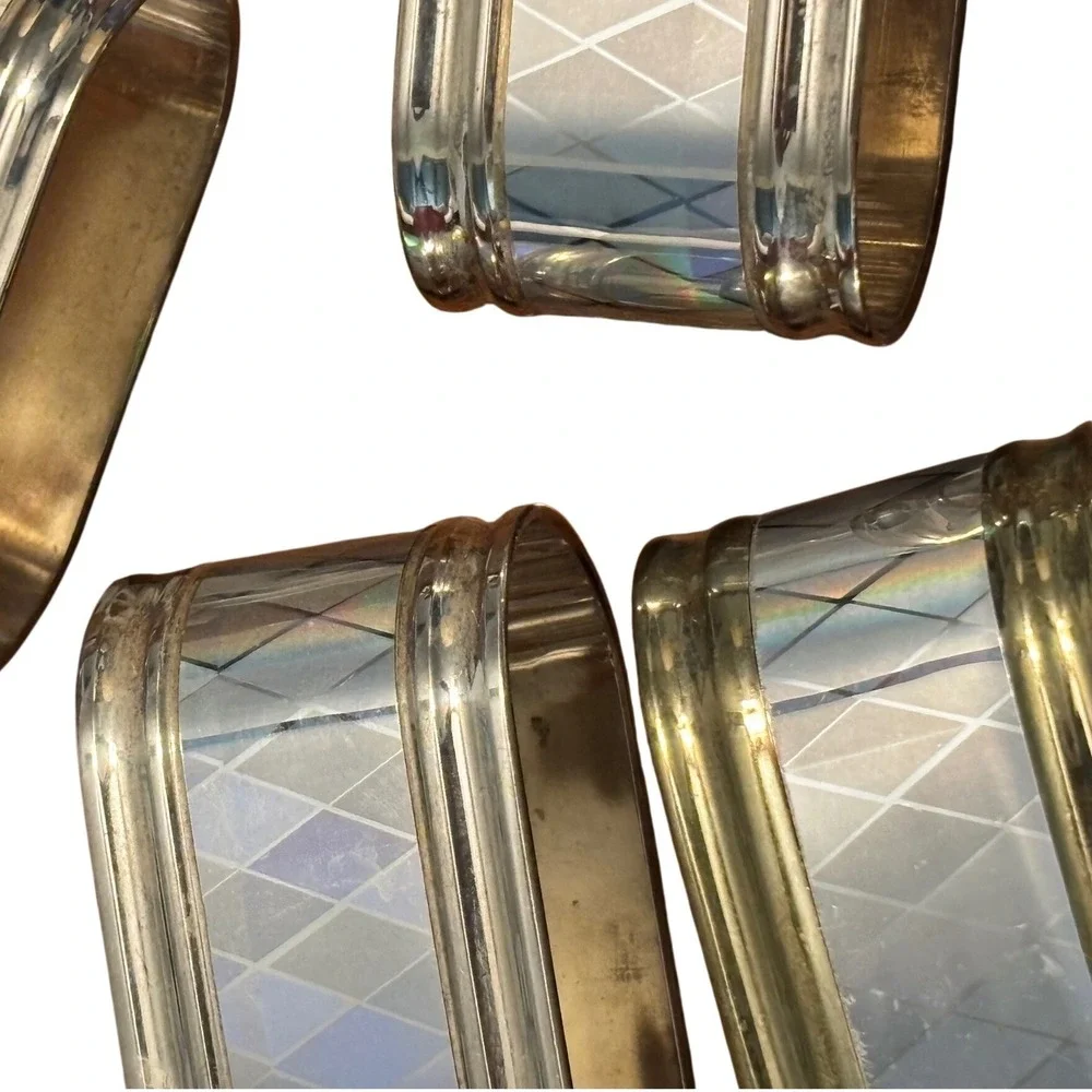 Vintage Iridescent Silver Tone Napkin Rings‎ Set of 6 Diamond Harlequin Oval MCM